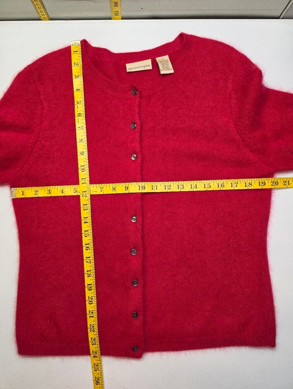 Apostrophe Angora Blend Vibrant Red Fuzzy Button Up Cardigan Sweater Vintage - Picture 10 of 11